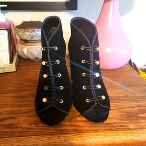 Vince Camuto Black Velvet Peep Toe Bootie, Size 7